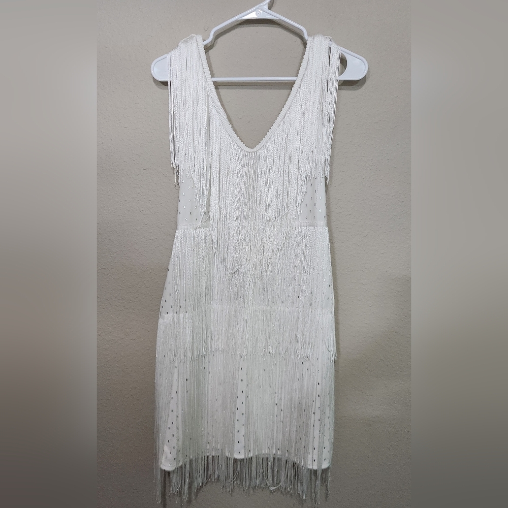 White Fringe Mini Dress with V-Neck